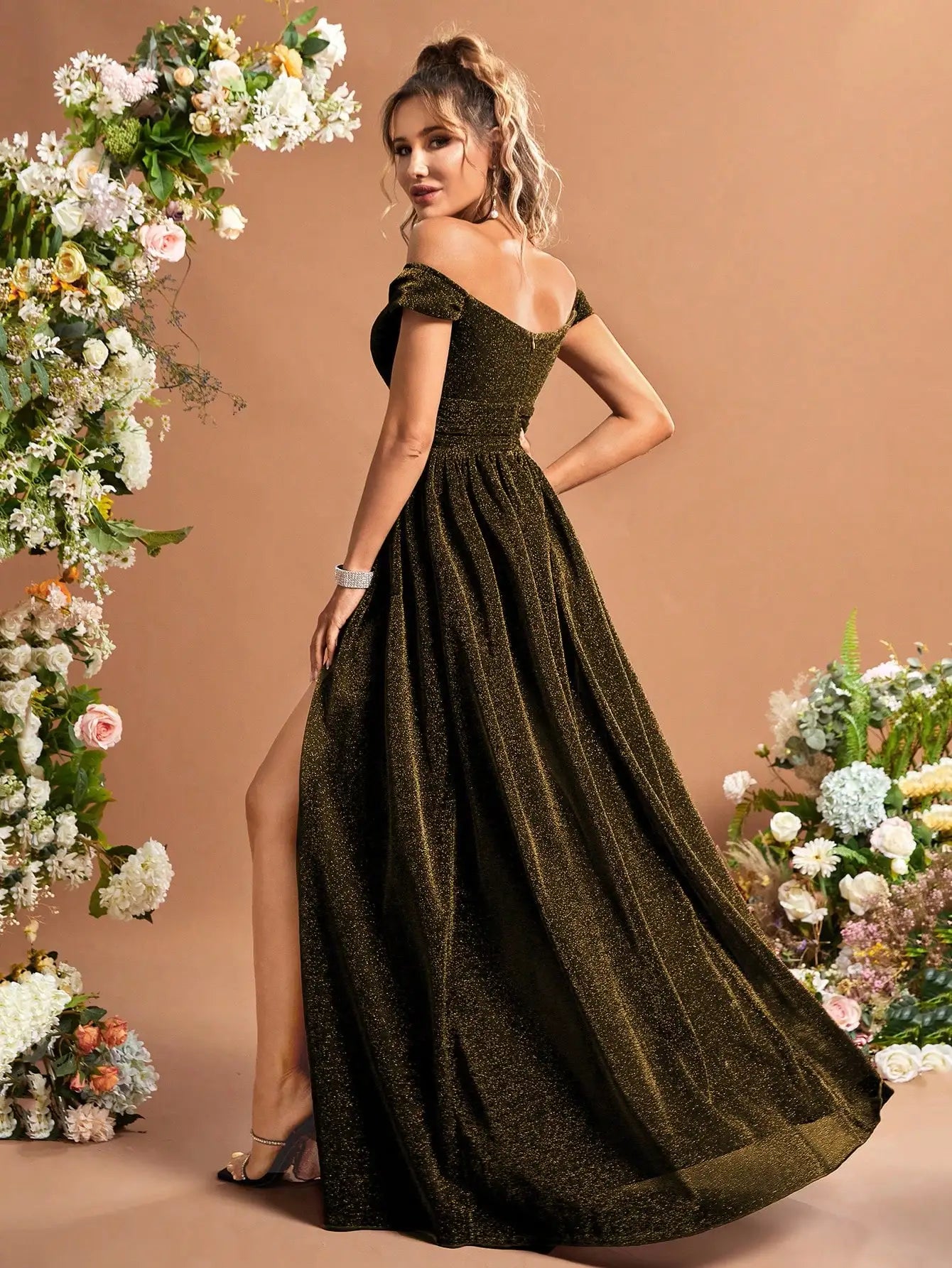 Off Shoulder Split Thigh Glitter Dress