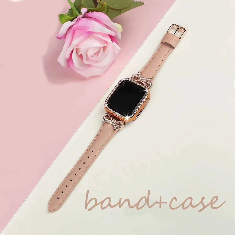 Bow strap+Diamond case for Apple Watch 40/41/42/44/45/46/49 For Fashion+Elegant Women's iWatch series11 10 987 654 accessories