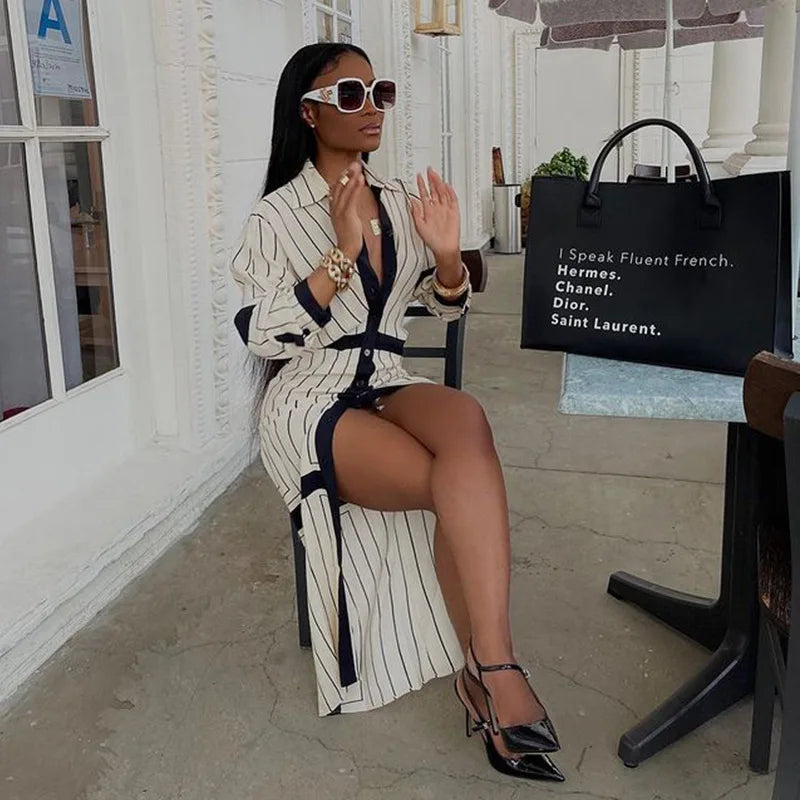 New Fashion Shirt Long Dress Women's Turn Down Button Elegant Office Lady Long Sleeve Dresses Women Casual Striped Maxi Dress