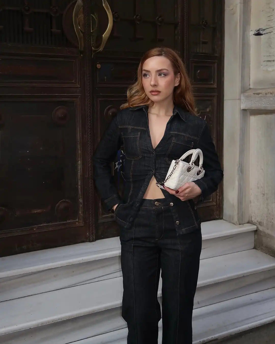 Women Fashion Denim Solid Top High Waist Pants Suits Casual Single Breasted Lapel Neck Shirts Pant Set Spring Lady Street Wear