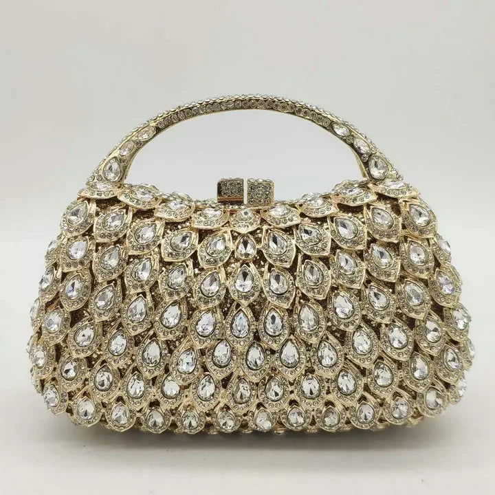 Boutique De FGG Pink Crystal Rhinestone Clutch Handbag Women Metal Minaudiere Top Handle Tote Purse Wedding Party Evening Bag