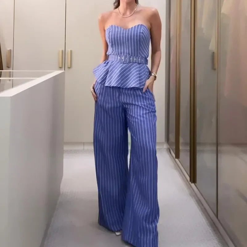 Sleeveless Strapless Tank Top Stripes Printed & Long Wide Leg Pants Women 2pcs Clothes Set Office