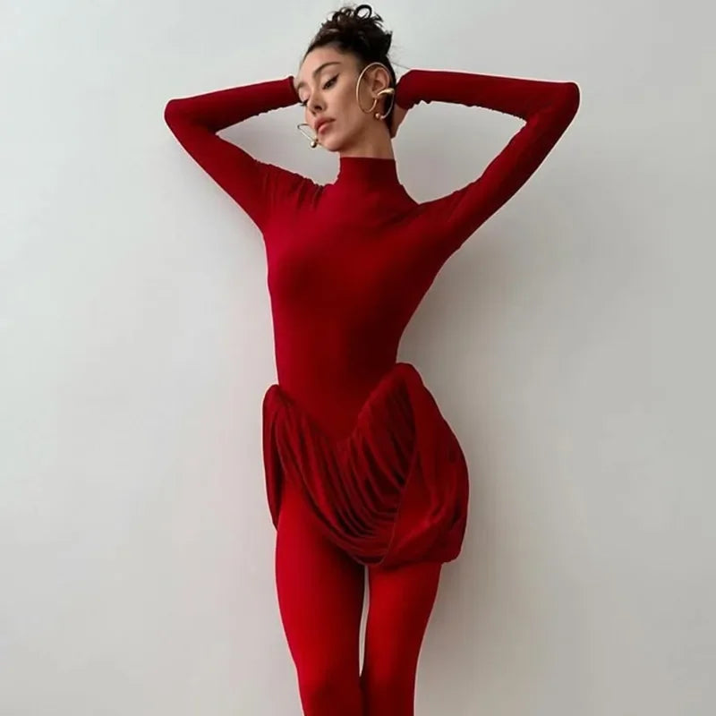 Tuularose Red Hollow Dress Women High Waist Sexy Backless Long Sleeve Gathered Dress Summer Patchwork Retro Party Evening Dress