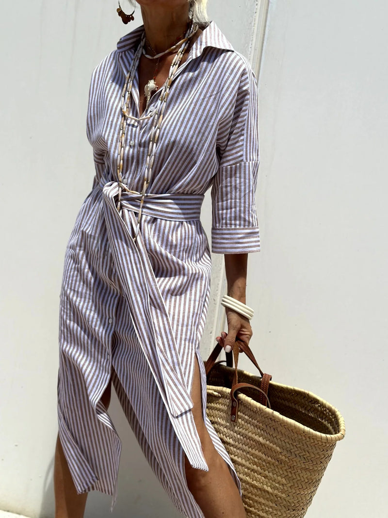 Autumn Long Sleeve Shirt Dress Elegant Belt Long Dress For Women 2024 Fashion Print Button Lapel Neck Casual Dresses Robe Femme
