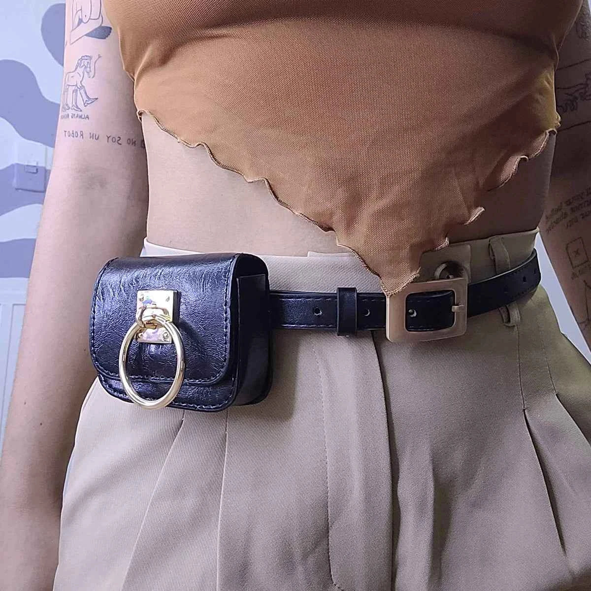 Y2K Vintage Belt Bag Gothic Fanny Packs For Women Punk Square Heart Metal Buckle Belts PU Leather Travel Waist Purse Female