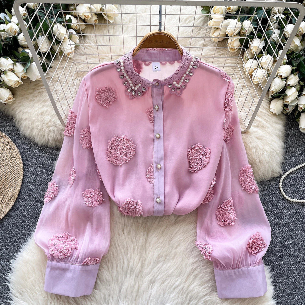 Blusa básica de manga comprida, gola polo vintage, gravata, abotoamento simples, solta, com strass, moda urbana francesa, blusa de outono