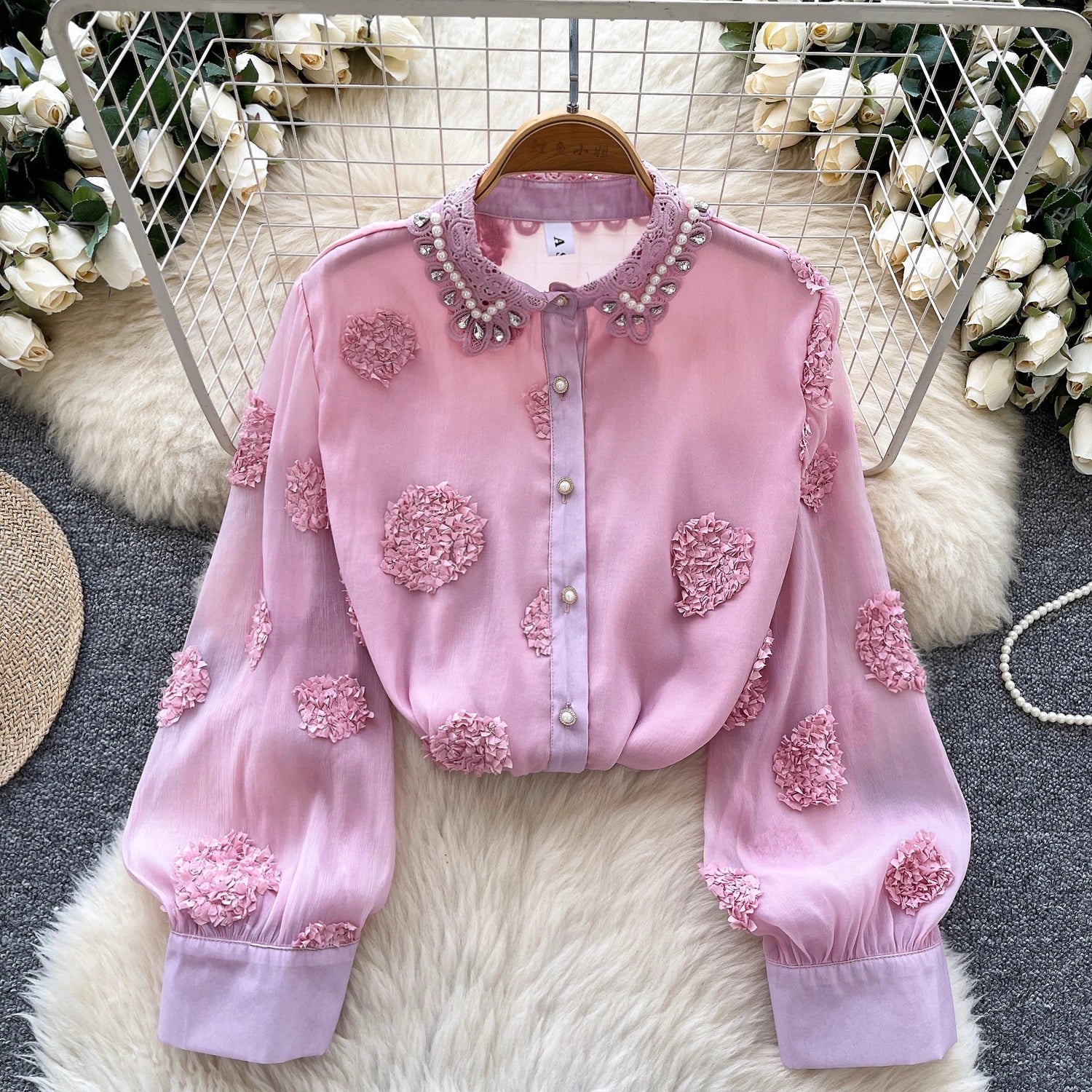 Blusa básica de manga comprida, gola polo vintage, gravata, abotoamento simples, solta, com strass, moda urbana francesa, blusa de outono