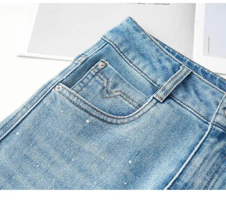 High Waist Wide Leg Denim Jeans Women's Spring 2026 New Style Glittering Star Explosion Nine Point Straight Cut Diamond Embel...