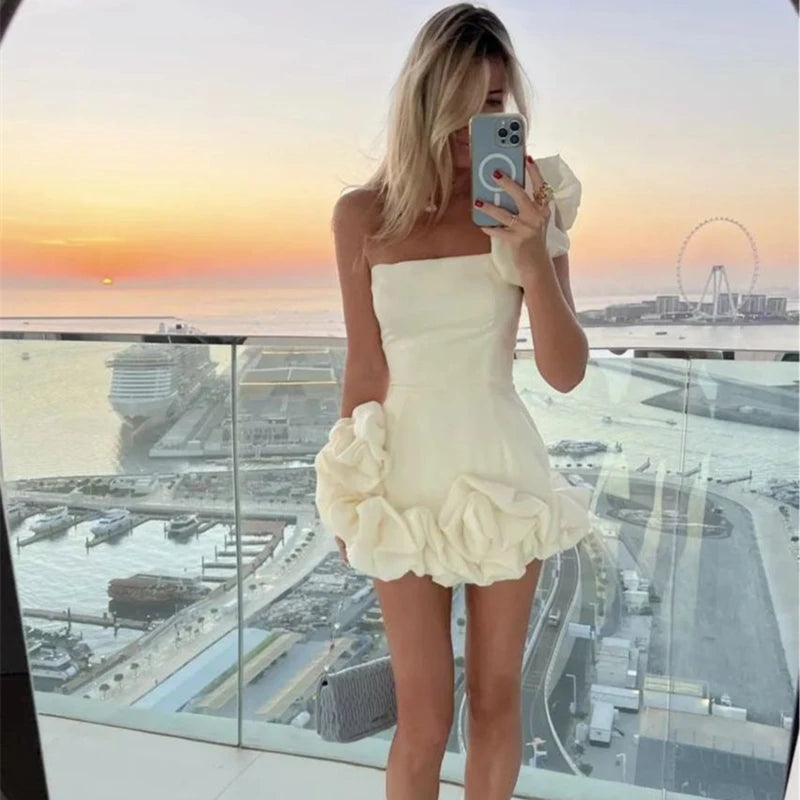Women Elegant Floral One Shoulder High Waist Corset Party Evening Dress Prom Gown Fashion Women Strapless Cocktail Dress