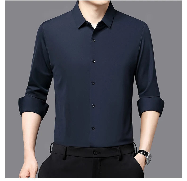 Camisa masculina premium ultraelástica - Camisa formal de manga comprida de seda de alta qualidade para uso social e casual