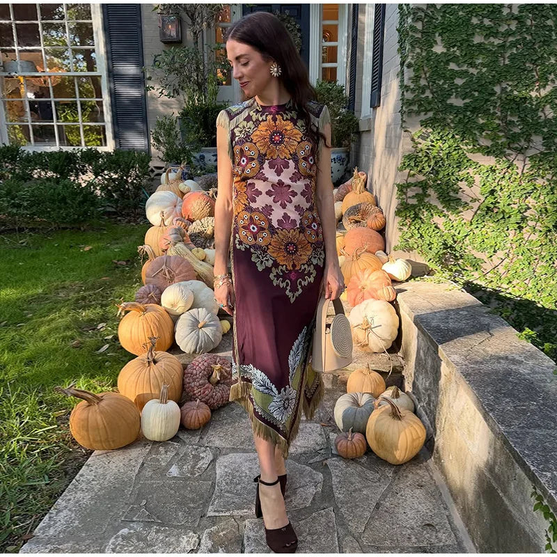 Elegant Printed Women's Tassel Dress Fringed Sleeveless Slim Irregular Party Evening Dresses 2026 Spring Summer Lady Vestidos