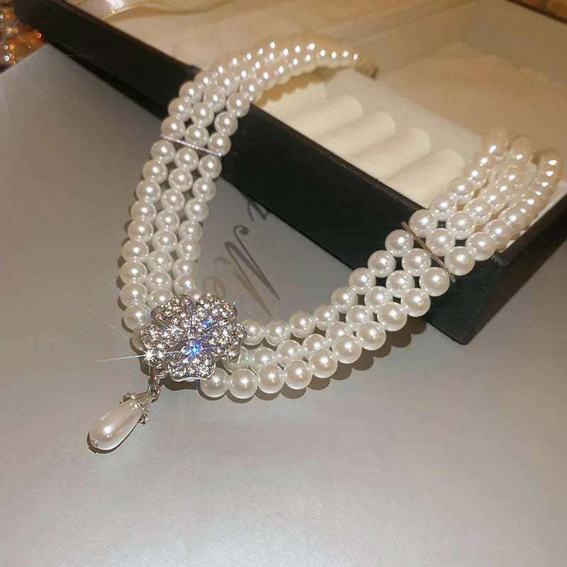 Flower Party Necklaces Women French Luxury Imitation Pearl Multi-layer Necklaces Bracelet Earrings Rhinestone Jewelry Sets K-