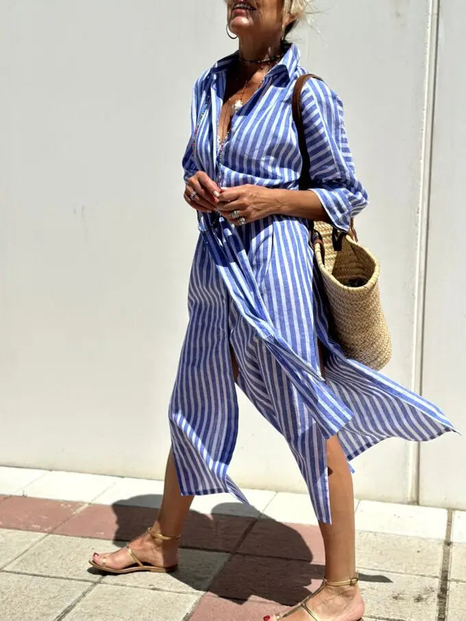 Autumn Long Sleeve Shirt Dress Elegant Belt Long Dress For Women 2024 Fashion Print Button Lapel Neck Casual Dresses Robe Femme