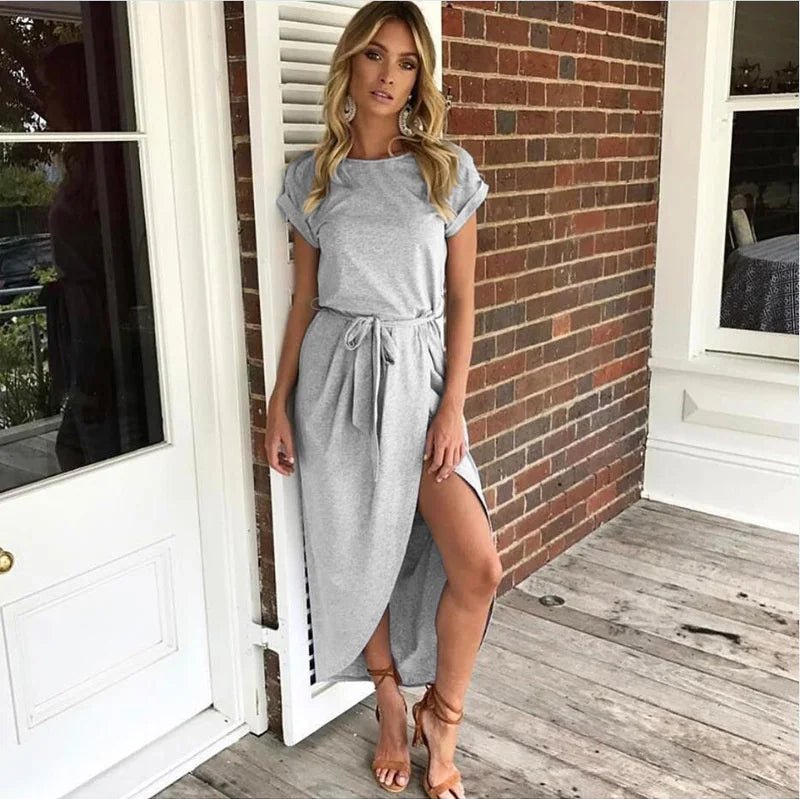 2023 Summer Beach Maxi Dress Women Floral Solid Short Sleeve Shirt Dress Casual Sexy Bandage Dress Robe Femme Vestidos Plus Size