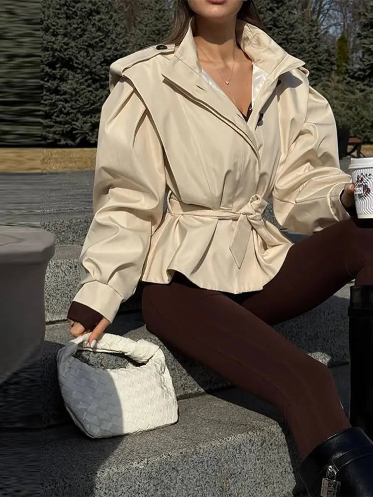 Fashion Stand Collar Belted Waist Short Jacket For Women Casual Puff Sleeve Wide Shoulder Coat Lady 2026 Chic Street Outerwear
