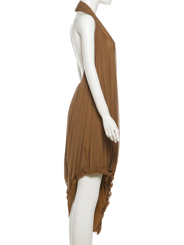 Nibber Ruched Halter Maxi Dress Women Sleeveless Backless Irregular Hem Solid Vacation Classic Basis Prom Party Elegant Vestidos