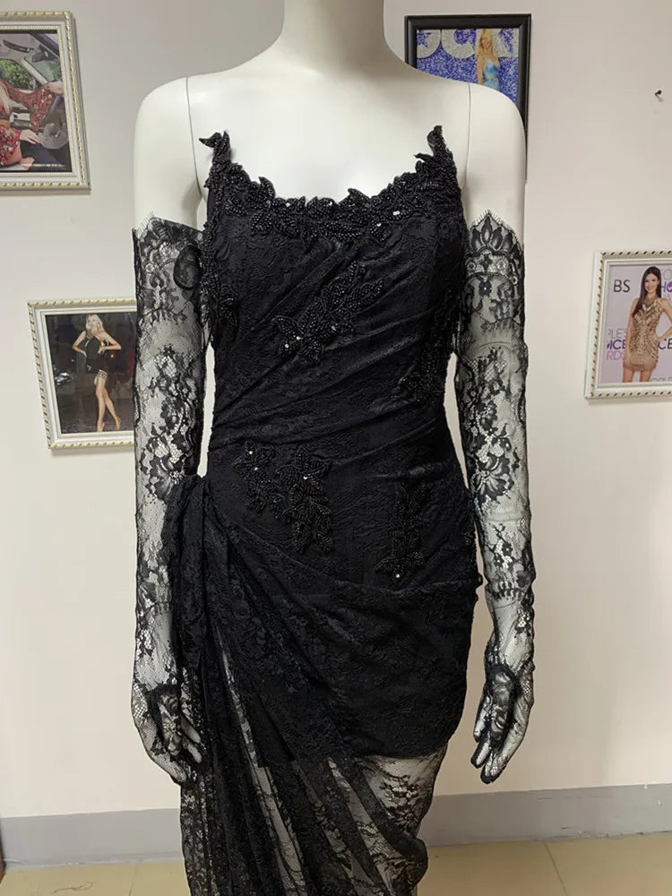 Luxury Designer Fashion Women Black Strapless Lace Embroidery Bodycon Open Leg Long Dress with Gloves Formal Evening Party Gowns