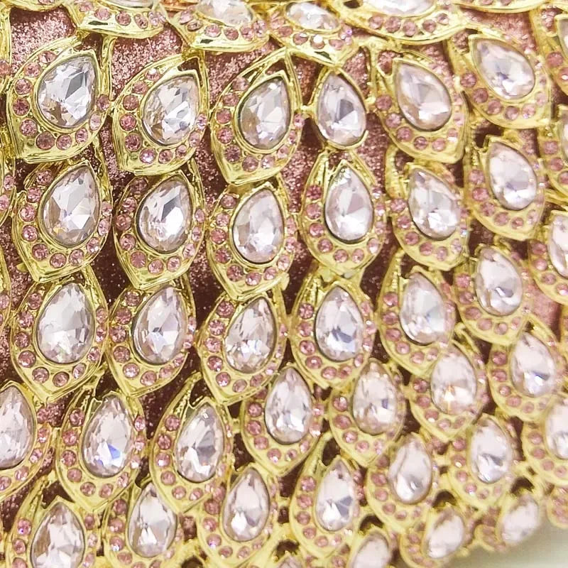 Boutique De FGG Pink Crystal Rhinestone Clutch Handbag Women Metal Minaudiere Top Handle Tote Purse Wedding Party Evening Bag