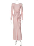 Elegant High Waist Folds Long Maxi Pink Dresses for Women 2025 Chic O-neck Long Sleeve Tunics Slim Solid Party Evening Dress