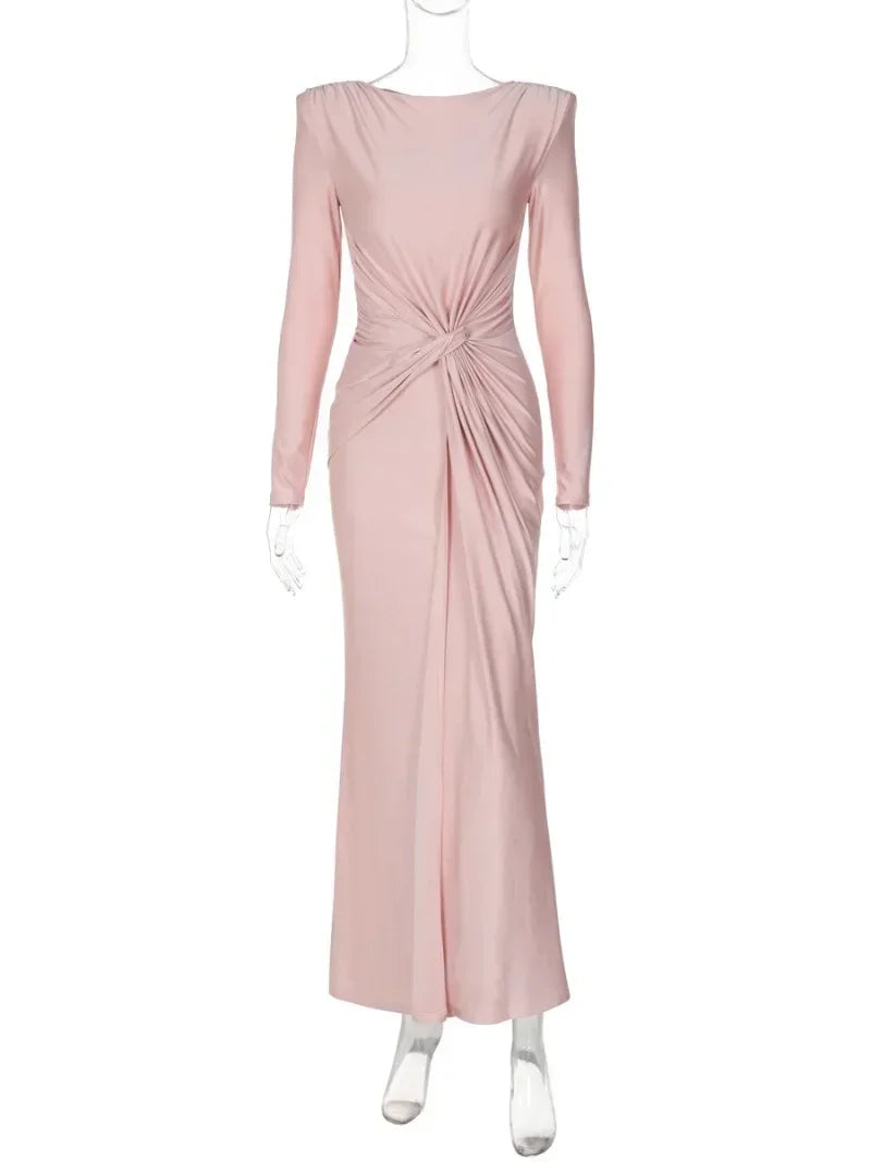 Elegant High Waist Folds Long Maxi Pink Dresses for Women 2025 Chic O-neck Long Sleeve Tunics Slim Solid Party Evening Dress
