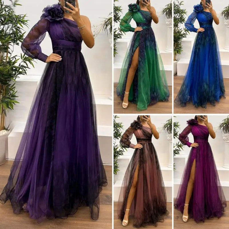 Cocktail Party Dress Elegant One Shoulder Evening Gown with 3d Flower Decor Pleated Mesh Detail Women's Banquet for Special