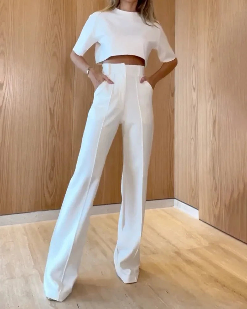 Casual Fashion Women Half Sleeve Crop T-shirt Wide Leg Pants Set Summer Femme Office Lady Two Pieces Suit Set Workwear Outfits