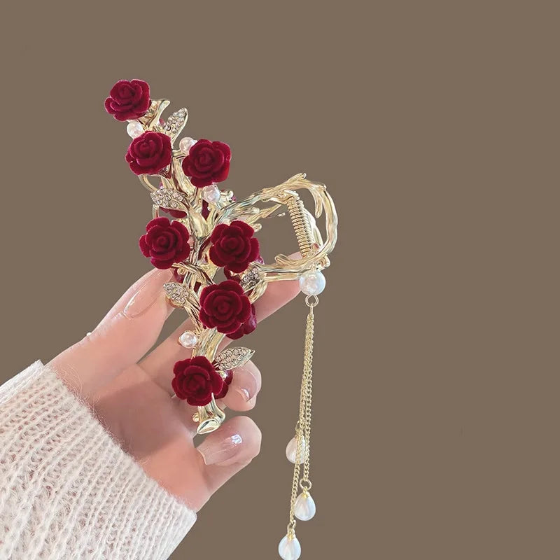 1 Pcs Fashion Plucked Rose Rhinestone Pearl Tassel Hair Claws For Women Girls Party Hair Accessories