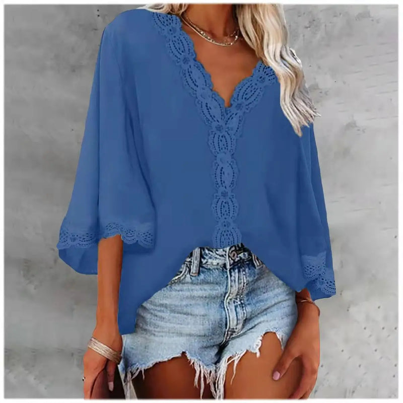 Blusa feminina de chiffon com costura de renda, decote em V, manga flare, blusa solta de verão, moda simples