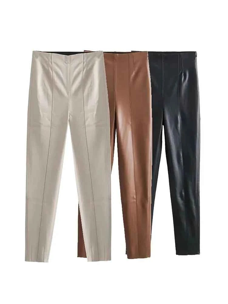 HH 2024 Women's Faux Leather Pants High Waist Straight Leg Trousers Fashion Female Streetwear Stylish Stretch Pencil Pants