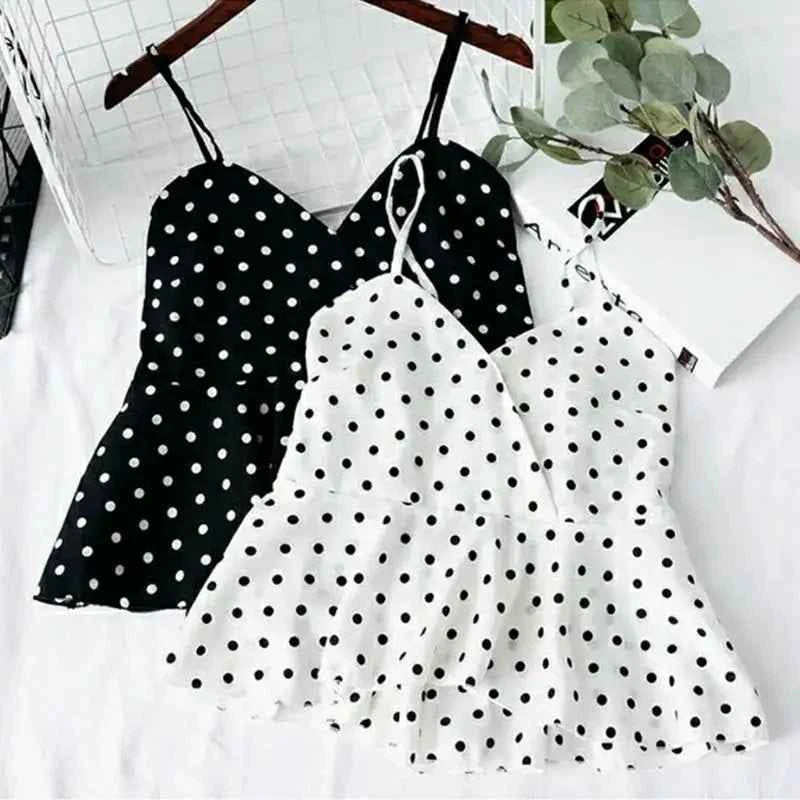 Red Polka Dot Print Chiffon Short V-Neck Sleeveless Sexy Pullover Women's Blouse Shirt Korean Fashion Female Clothing Tops 2024