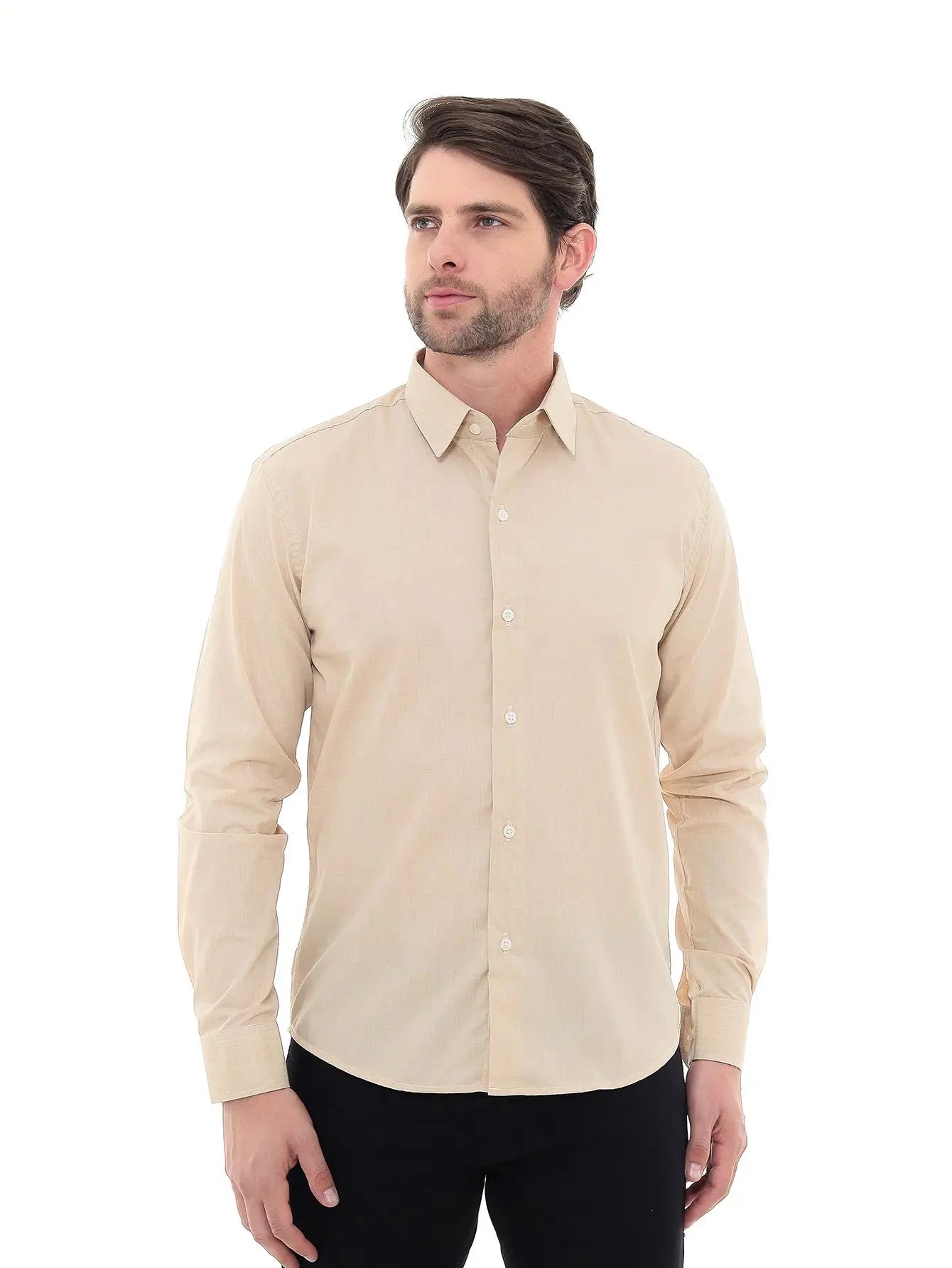 Camisa social bege de linho premium masculina
