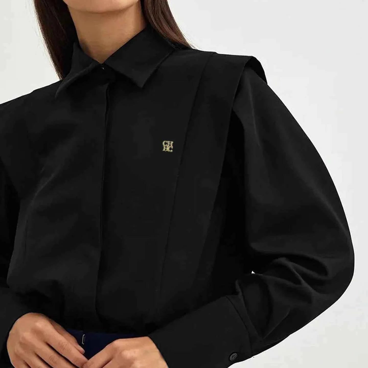 CH Womens CH Logo Embroidered Shirt Long Sleeve Structured Shoulder Office Blouse Fashion Button Down Top