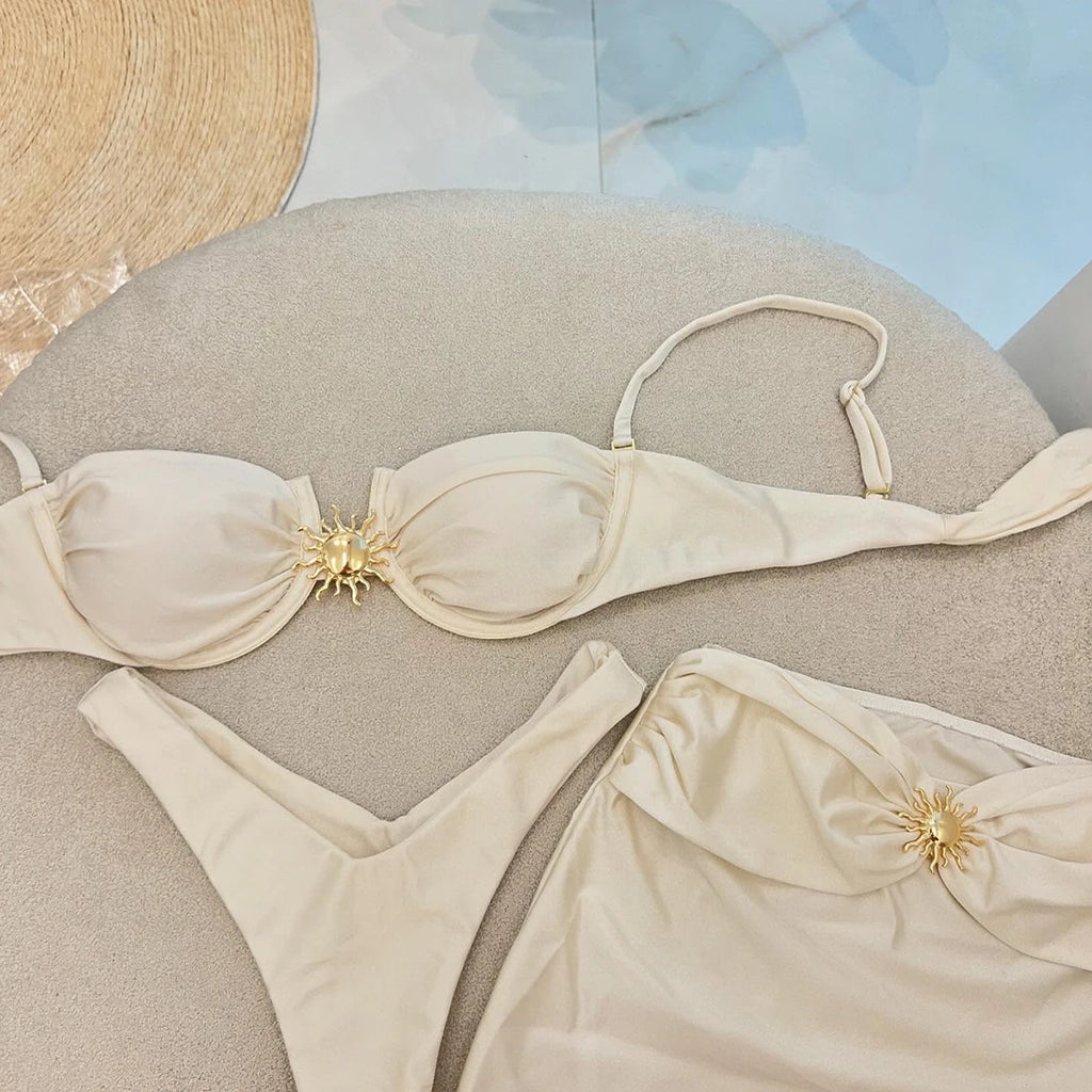 Biquíni push up de 3 peças, traje de banho, conjunto de biquíni sexy, traje de banho, saia saídas de praia