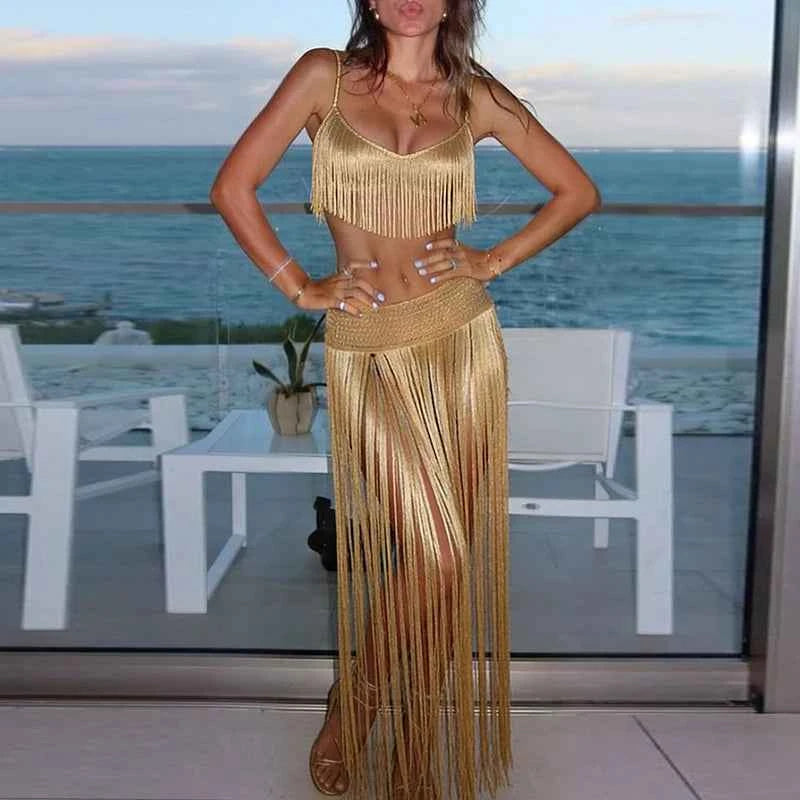 Summer Sexy Hand Hooked Party Skirt 2026 Spring Elegant Fringe Solid Color Long Skirt Women Fashion Hight Waist Beach Half Skirt