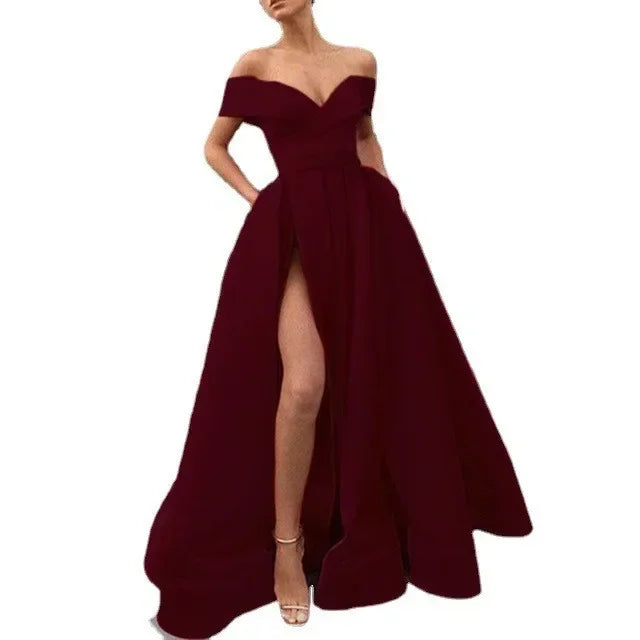 Women's Long Loose Maxi Dress Summer Deep V-neck Solid Color Satin High Split Strapless Short Sleeve Dress