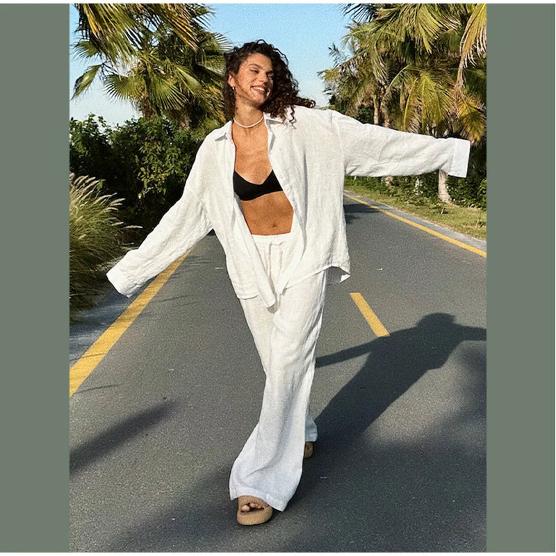 Conjunto casual de calças retas e soltas, moda primavera e outono, manga comprida, camisa de botão único, roupa chique