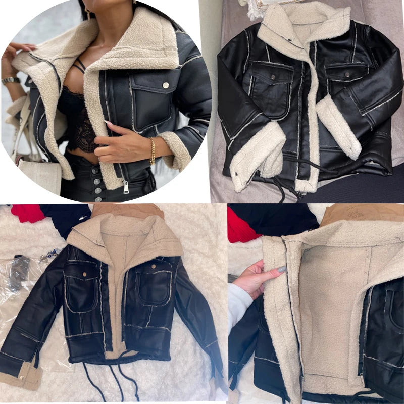 Faux Leather Jackets Women PU Short Thick Warm Black Outwear Female Aviator Retro Lapel Velvet Coat New Year Winter Tops