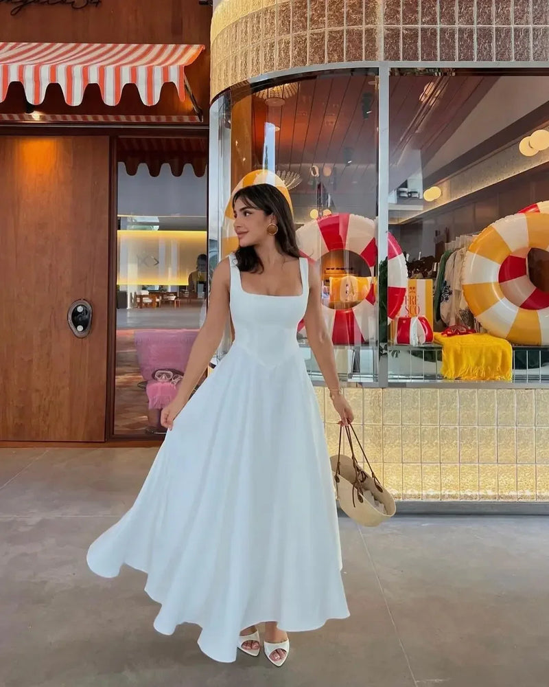 Elegant White High Waist Women's Dress Fashion Square Neck Sleeveless A-line Dresses 2025 New Vocation Beach Party Streetwear