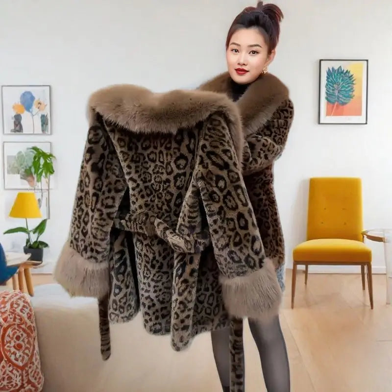 2025 New Women Autumn Winter Leopard Print Temperament Fur Coat Medium-Long High End Fur Collar With Belt Fur Jacket Overcoat