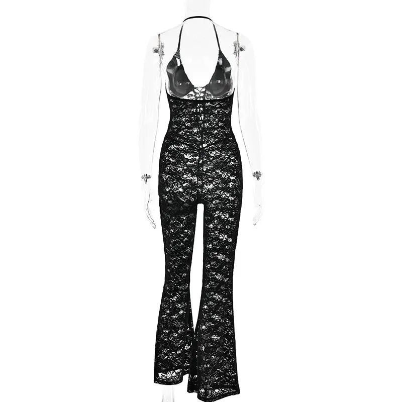GACVGA Sexy Lace See Through Women Jumpsuit Backless Slim Streetwear Bandage Romper Lady Elegant Summer Party Nightclub Jumpsuit