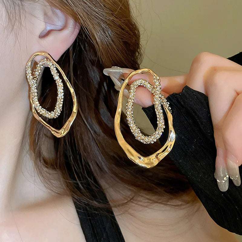 Irregular Metal Crystal Earrings European And American Style Personalized Fashion Stud Earrings Ladies Girls Travel Accessories