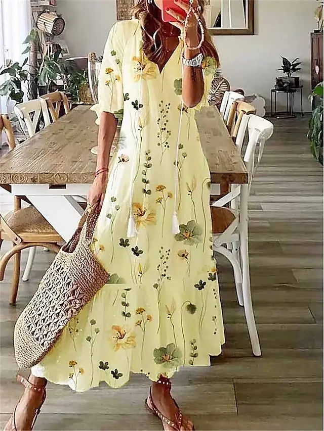 Women's 2024 Spring Summer New Casual Sweet Loose Sexy V-neck Fashion Printed Hanging Beard Middle Sleeve Long Dress For Women