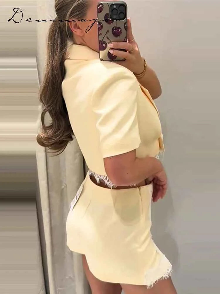 Fashion Lace Insert Two-Piece Suit Women Lapel Short Sleeve Cropped Blazer Mini Culottes 2026 Summer New Lady Office Party Wear