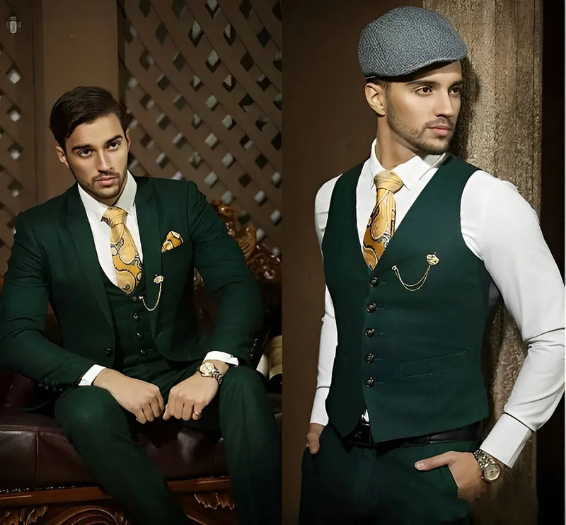 Terno masculino verde escuro bonito para trabalho, 3 peças, baile de formatura, casamento, smoking (jaqueta + calça + colete + gravata)