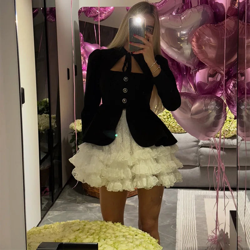 Women Trendy Lace Dresses Two Hit Color False Two-piece Mini Skirt Square Neck Long Sleeve High Waist Dress Party Evening Gowns