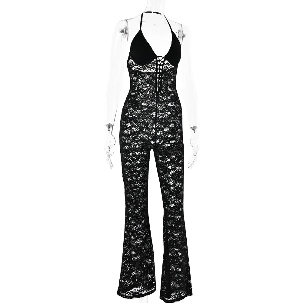Women's New Sexy Fashion Hollow-Out Lace See-Through Backless Halter Slim Jumpsuit