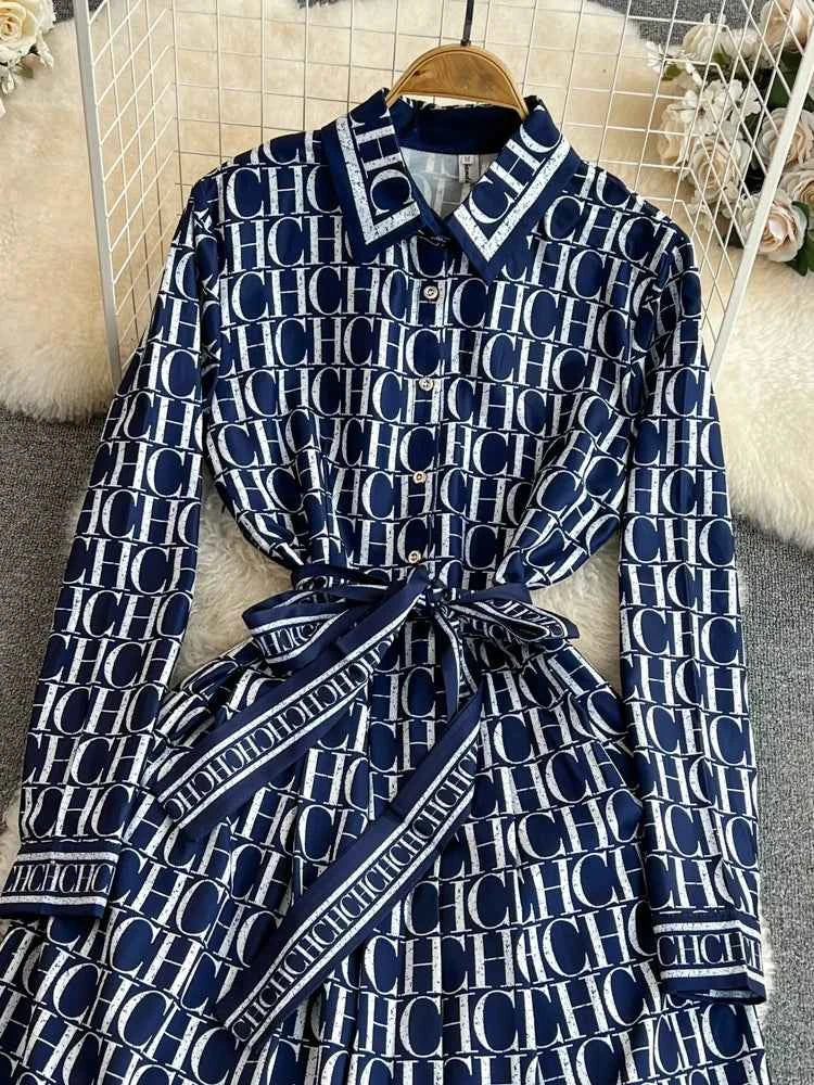 Elegant Retro Long Sleeve Print Shirt Dress Slimming A-Line High Waist Spring Autumn Korean Style Women's City Commute Dress