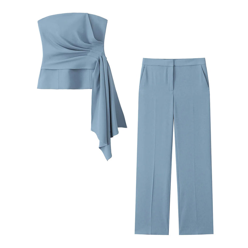 Autumn New Elegant Women's Clothing European And American Style Fashion Pleated Tight Tops and Pants Street Style High-End Suits