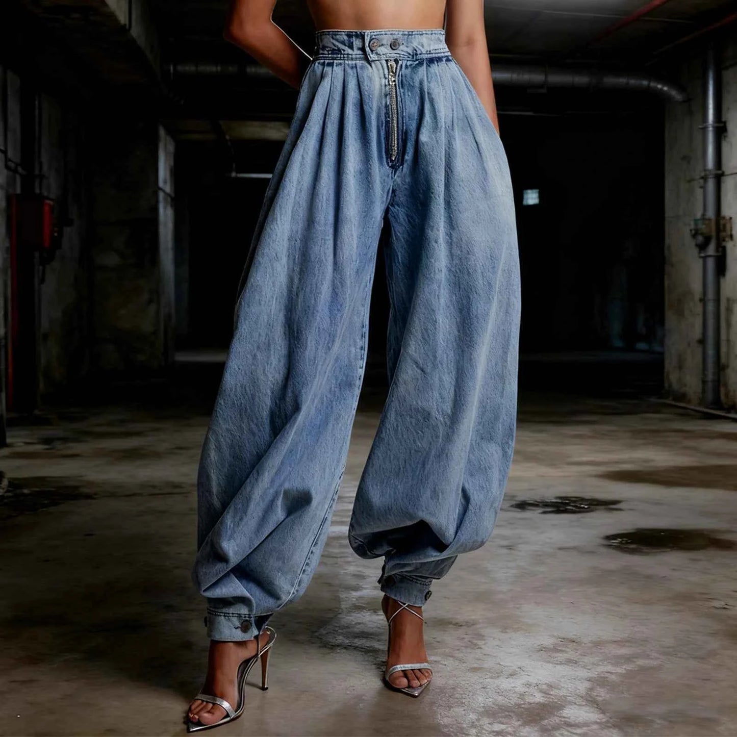 Women Harem Denim Pants Causal High Waist Wide Leg Baggy Solid Color Trousers with Pockets