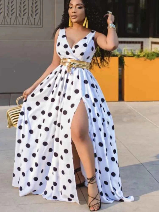 Sexy Deep V Neck Polka Dot Long Dress For Women Summer Boho Sleeveless Slim Print Side Slit Party Maxi Dresses Robe Femme